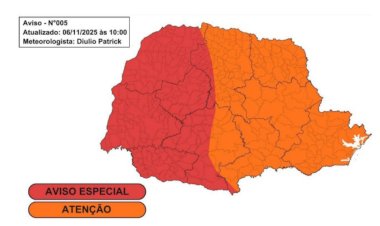 Simepar alerta para tempestades severas no Paraná entre sexta-feira e sábado,