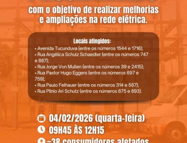 Copel fará desligamento programado de energia nesta quarta-feira em Nova Santa Rosa