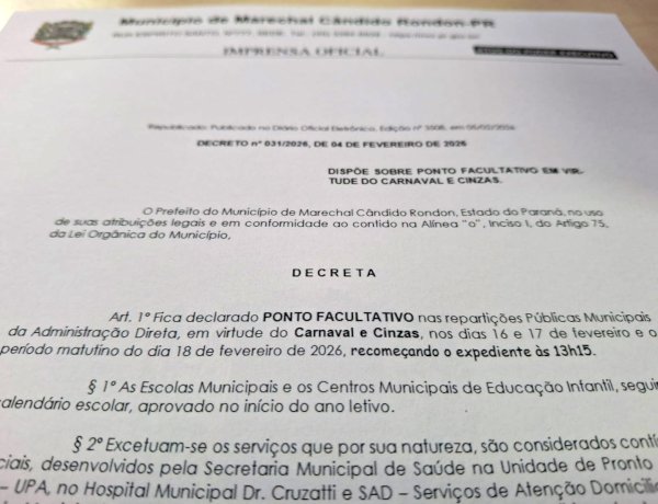 Prefeitura de Marechal Cândido Rondon decreta ponto facultativo durante o Carnaval
