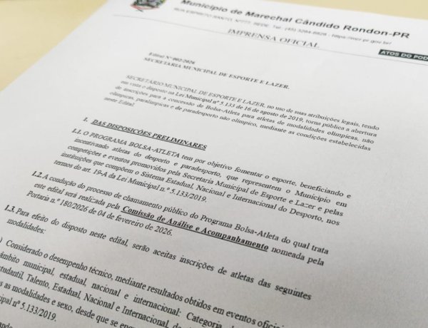 Inscrições para o Bolsa Atleta 2026 estão abertas em Marechal Rondon