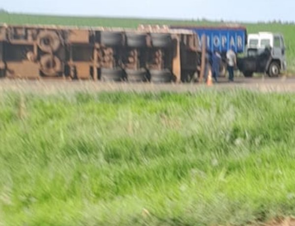Carreta carregada com maravalha tomba no contorno da BR-163 entre Toledo e Quatro Pontes