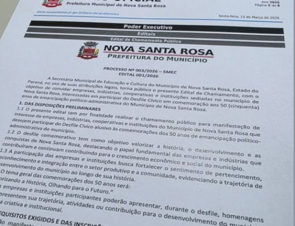 Inscrições abertas para participação no Desfile Cívico dos 50 anos de Nova Santa Rosa