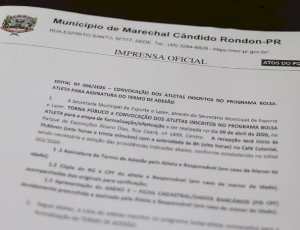 Assinatura do Bolsa-Atleta 2026 será realizada nesta quinta-feira em Marechal Rondon