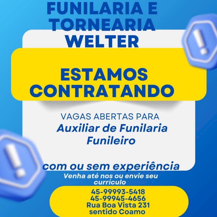 Funilaria e Tornearia Welter abre vagas de emprego em Nova Santa Rosa