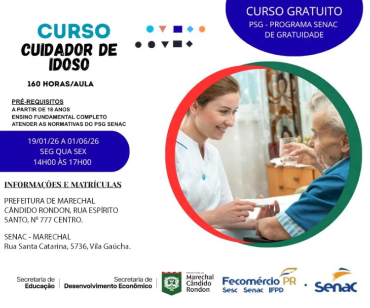 Prefeitura abre inscrições para curso gratuito de Cuidador de Idoso em Marechal Cândido Rondon