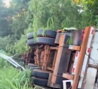 Carreta com carga de suínos tomba na BR-163 entre Guaíra e Mercedes
