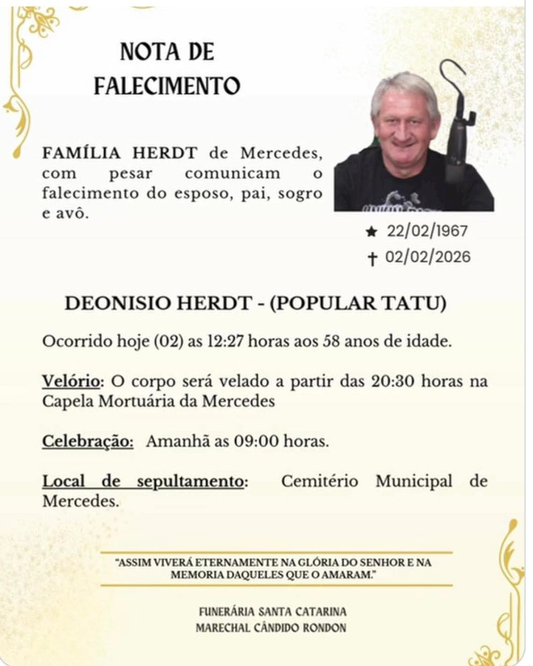 Mercedes Decreta Luto: Morre Deonisio Herdt, o “Tatu”, ex-vereador de Mercedes e radialista  aos 58 anos.