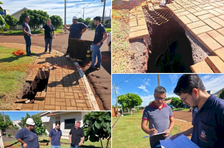 Prefeitura acompanha situação de cratera formada após chuva intensa e obra de saneamento