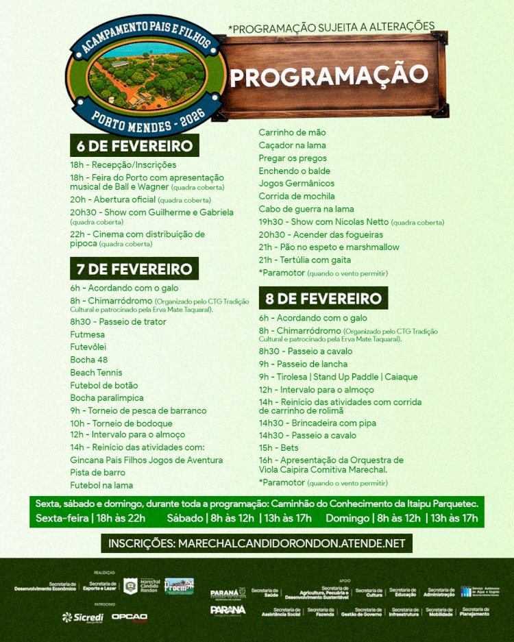 Acampamento Pais e Filhos 2026 inicia nesta sexta-feira em Porto Mendes