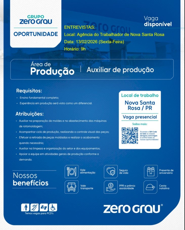 Agência do Trabalhador promove entrevistas para vagas no Grupo Zero Grau em Nova Santa Rosa