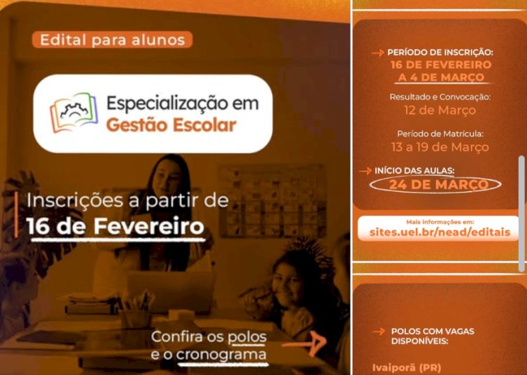 UEL abre inscrições para Pós-Graduação em Gestão Escolar no Polo de Nova Santa Rosa