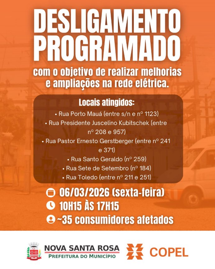 Desligamento programado de energia afetará 35 unidades consumidoras em Nova Santa Rosa