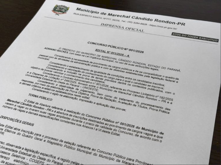 Prefeitura de Marechal Rondon abre inscrições para concurso público com salários de até R$ 31 mil
