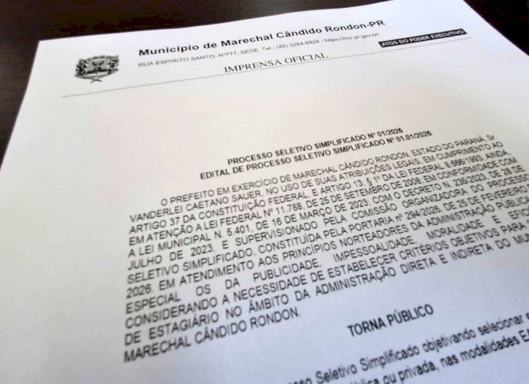 Prefeitura de Marechal Rondon abre PSS para contratação de estagiários na educação