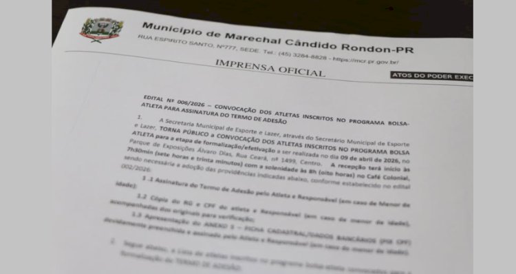 Assinatura do Bolsa-Atleta 2026 será realizada nesta quinta-feira em Marechal Rondon