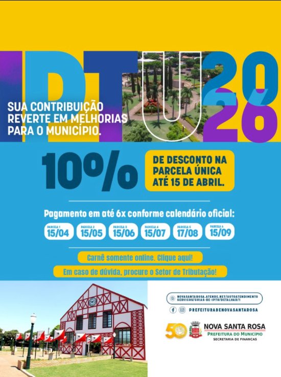 Parcela única do IPTU vence nesta quarta-feira em Nova Santa Rosa