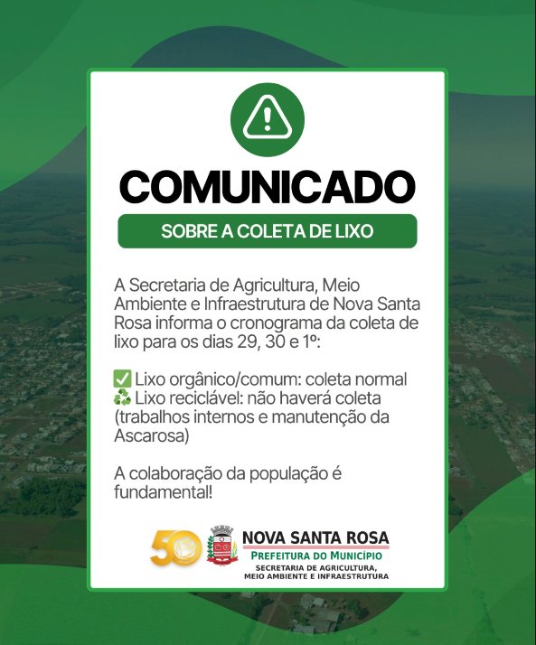 Nova Santa Rosa divulga cronograma da coleta de lixo para feriados