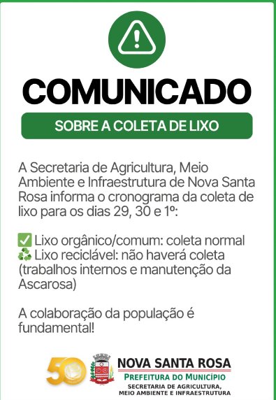Nova Santa Rosa divulga cronograma da coleta de lixo para o feriado