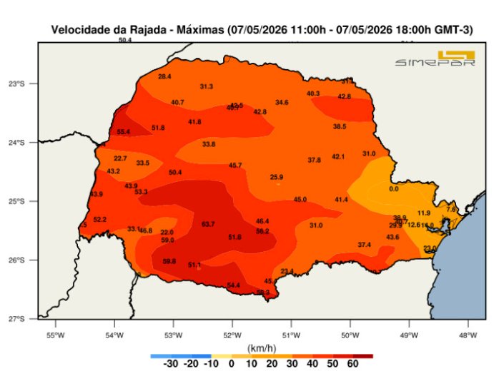 Frente fria intensifica ventos e provoca rajadas acima de 60 km/h no Paraná