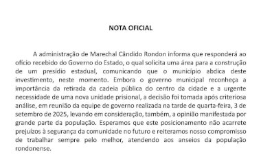 Prefeito de Marechal Cândido Rondon divulga nota  oficial com  decisão sobre  presidio no município