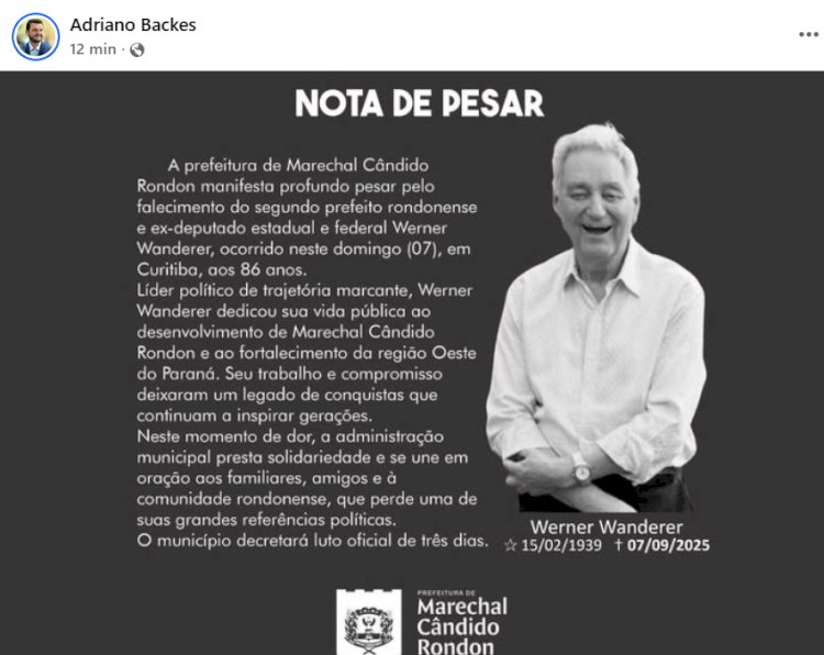 Prefeitura de Marechal Cândido Rondon decreta luto oficial pela morte do ex-prefeito Werner Wanderer
