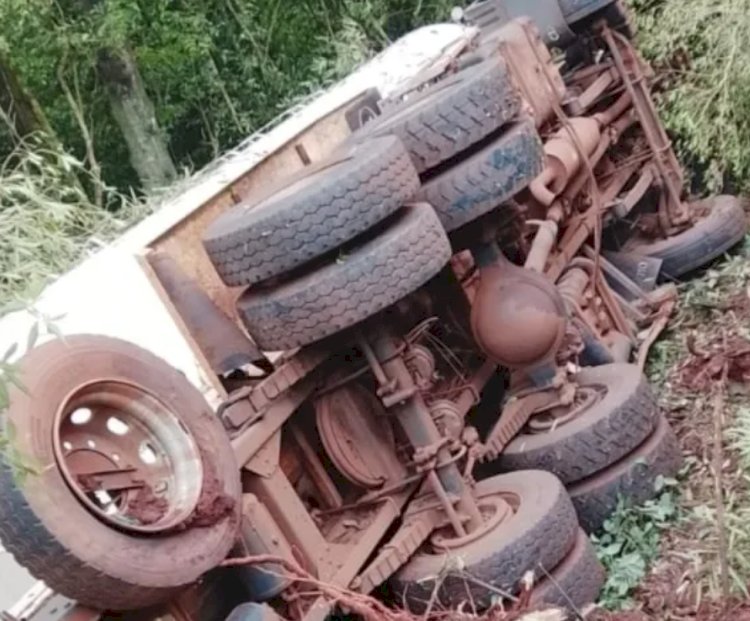 Caminhão de ração tomba na PR-364 em Palotina