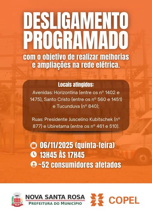Copel interromperá fornecimento de energia nesta quinta-feira em parte da área central de Nova Santa Rosa